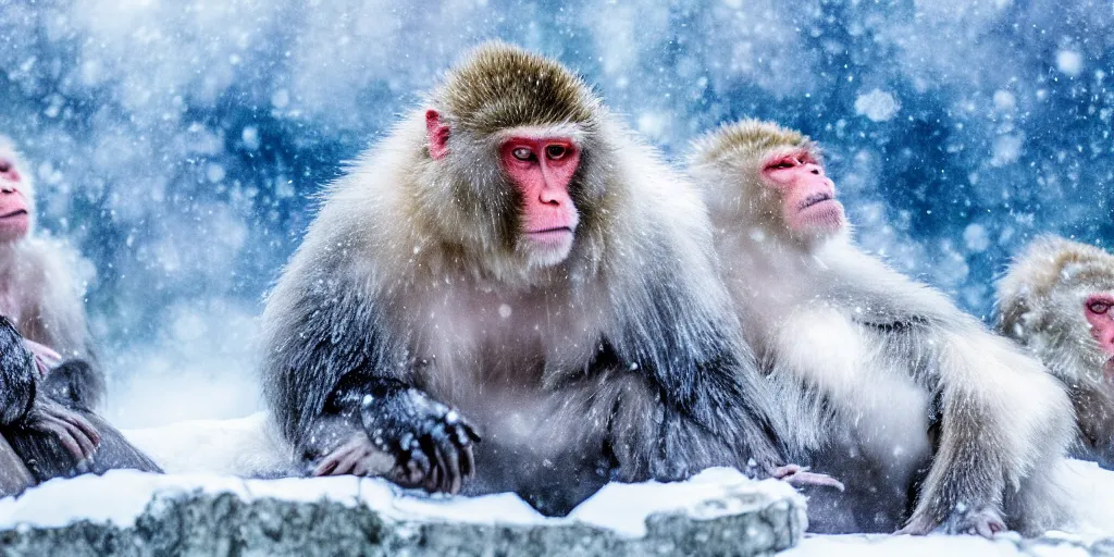 Image similar to scenic mountain setting, a family of snow monkeys gather at the natural spa to get warm, highly detailed, snow flurry, cold, steamy, desaturated blue, inquisitive, striking, contemplative, happy, content, warm, watercolor, dry brush