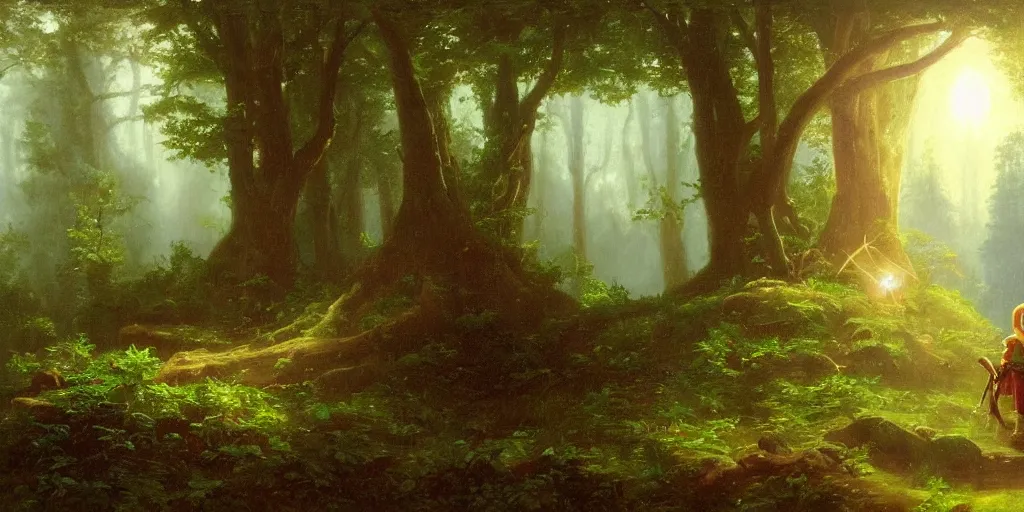 Image similar to close up of young link with orb of light entering an old!!! forest temple!!! full of green trees and plants, under a gray foggy sky, oil painting by albert bierstadt, legend of zelda