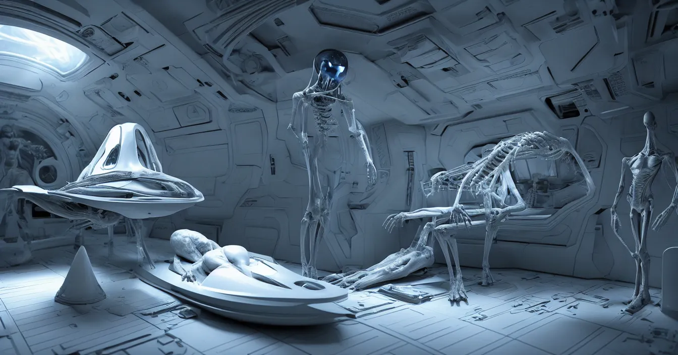 Prompt: very detailed interior of the alien spaceship with translucent skinny humanoid, standing near translucent coffin with dead body. strong ambient occlusion, raytracing, from new scifi movie by ilm, digital domain, weta digital