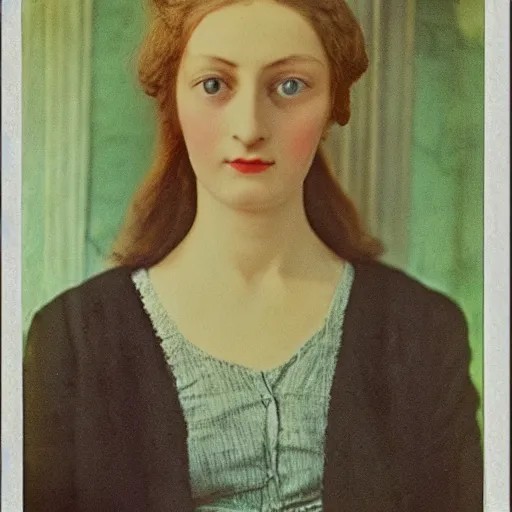 Prompt: portrait of a beautiful lady with silver eyes, vintage coloured photography by balthus