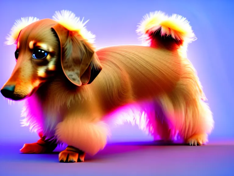 Prompt: high quality 3 d render hyperrealist very cute fluffy dachshund dog, plush mascot, long spiky fluffy hair, photo from the side, multi pastel colors, vray, smooth background, artstation, ultra detailed