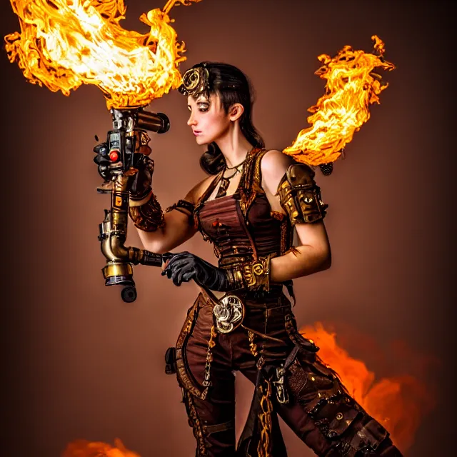 Image similar to full length photo of a beautiful steampunk warrior with a flamethrower, 8 k, hdr, smooth, sharp focus, high resolution, award - winning photo