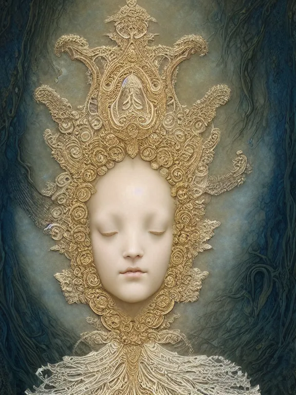 Image similar to Gustave dore beautiful maiden ivory mask intricate ornate wings fractal-lace iridescent gemstone wearing ivory rococo dress, ivory gold, iridescent highlights, full view, soft lighting, vivid, Hyperdetailed, 4k hd matte painting by Artgerm, Kelly McKernan, Marc Simonetti, Mucha, Klimt, Moebius, James Jean, 8k resolution, enchanting and otherworldly, Artstation, CGsociety, detailed, front view