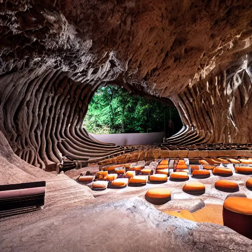 Prompt: a cave with an amphi theatre inside, stone seats, center stage with tiki torches light