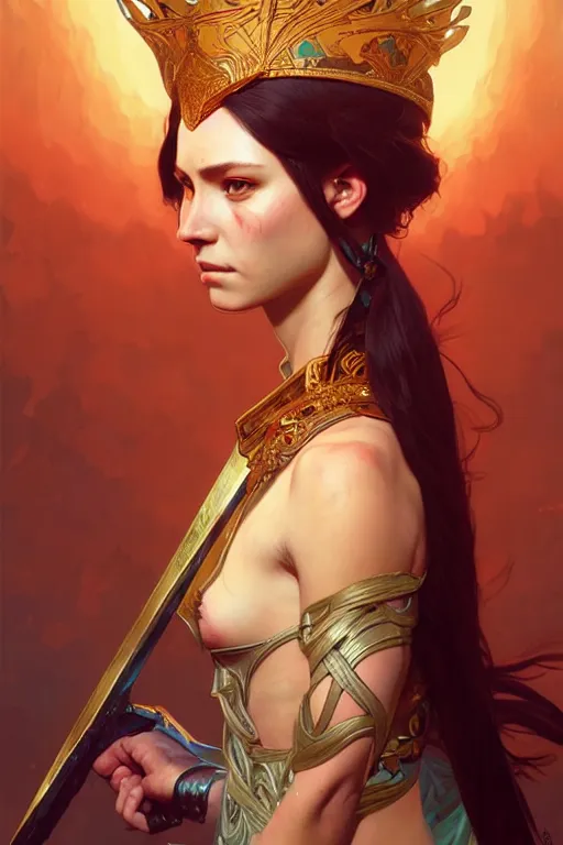 Image similar to a beautiful warrior queen, fantasy, portrait, sharp focus, intricate, elegant, digital painting, artstation, matte, highly detailed, concept art, illustration, ambient lighting, art by ilya kuvshinov, artgerm, Alphonse mucha, and Greg Rutkowski