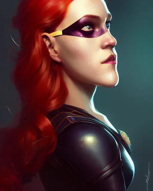 Prompt: Maika Monroe Batgirl, redhead, mask off, illustration, artstation, cinematic lighting, hyperdetailed, cgsociety, 8k, high resolution, Charlie Bowater, Tom Bagshaw, Norman Rockwell, insanely detailed and intricate