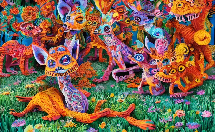 Prompt: Alebrijes” 3-D 4k ,cute single animal, digital art, Mexican folk art, Hyperdetailed, amazing background, matte painting, gouache, Martin Sandiego, Julia Fuentes, Miguel Sandiego”