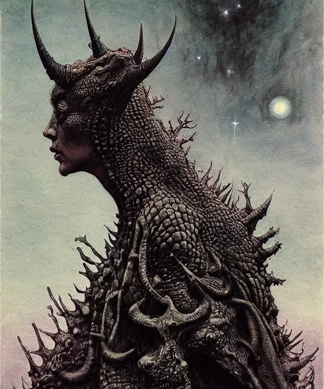 Image similar to A detailed horned crocodilewoman stands among the cosmos. Wearing a ripped mantle, robe. Perfect faces, extremely high details, realistic, fantasy art, solo, masterpiece, art by Zdzisław Beksiński, Arthur Rackham, Dariusz Zawadzki