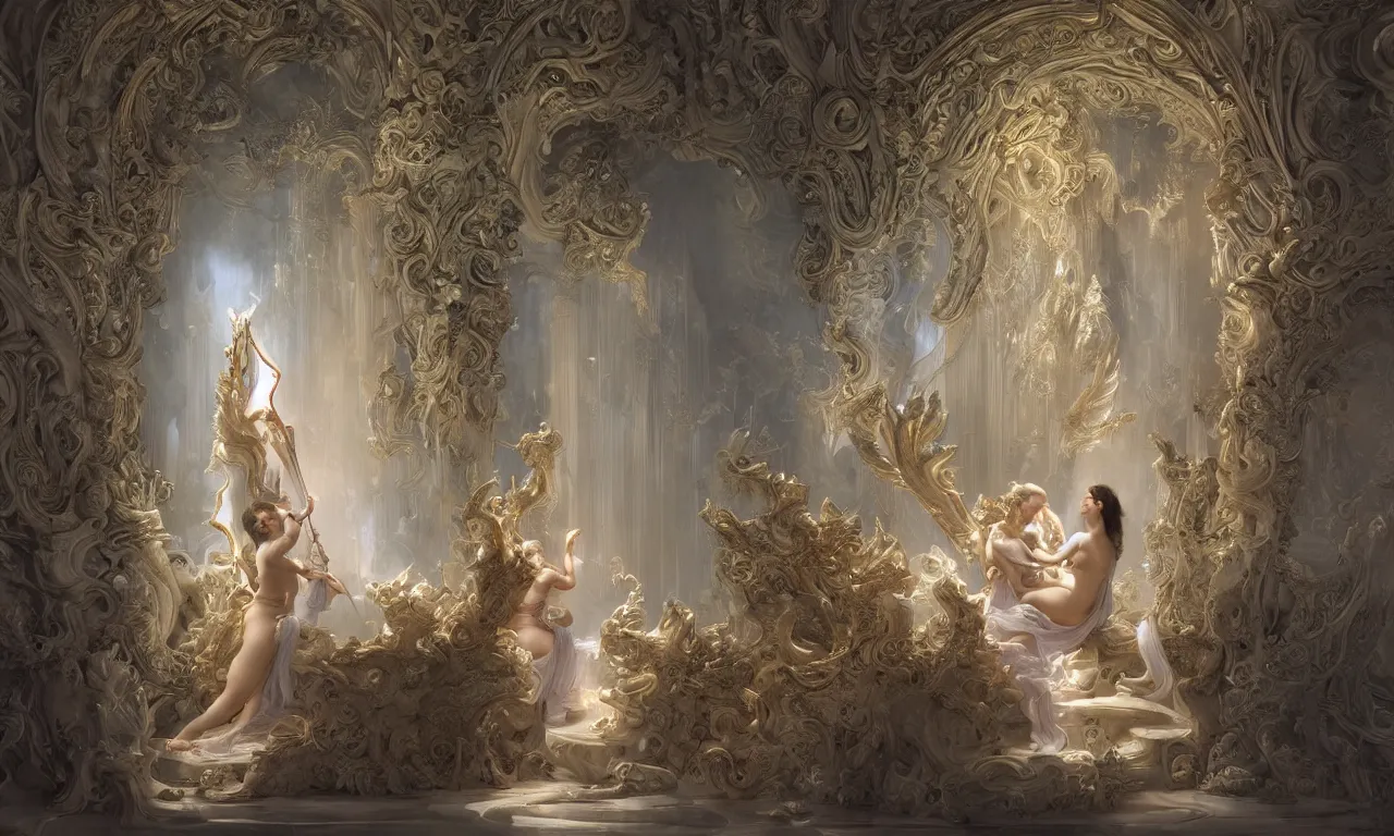 Image similar to a luminous fairytale of an iridescent dragon playing the harp in a baroque white marble cathedral. Neon light, masterpiece 4k digital illustration by Ruan Jia and Mandy Jurgens and Artgerm and william-adolphe bouguereau, award winning, Artstation, Mahmud Farshchian background, intricate details, realistic, panoramic view, volumetric lighting, Hyperdetailed, 8k resolution, Persian miniature by Mahmud Farshchian , rendered in Unreal Engine