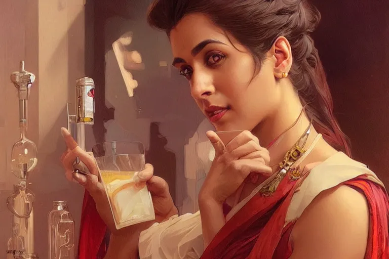 Image similar to Anxious good looking pale young Indian doctors drinking, portrait, elegant, intricate, digital painting, artstation, concept art, smooth, sharp focus, illustration, art by artgerm and greg rutkowski and alphonse mucha