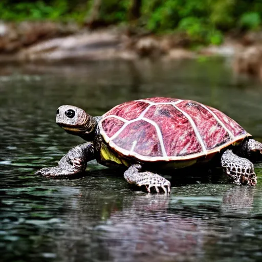 Prompt: a hyper realistic high definition 3 5 mm nature photograph of a skeleton turtle that is made entirely of raw steak. natural light and river setting. dynamic composition and volumetric lighting