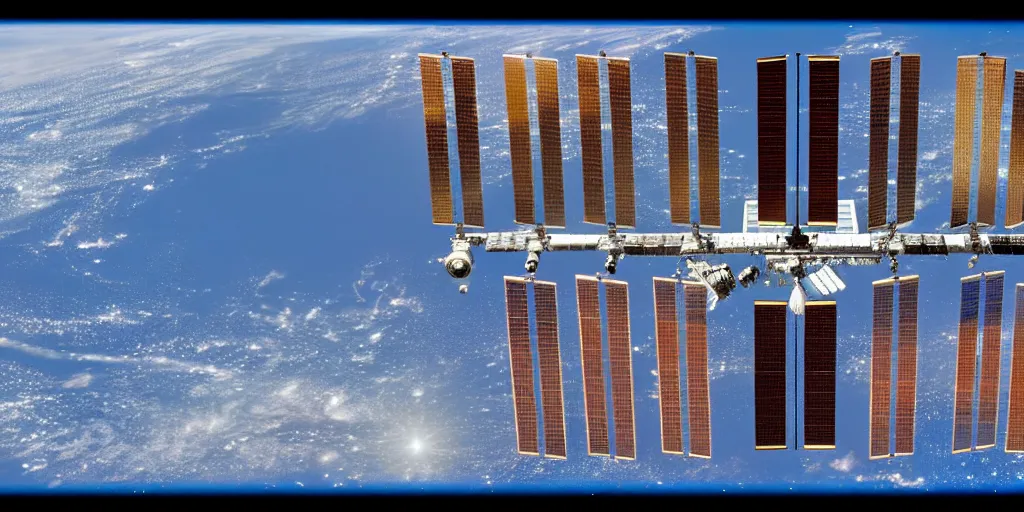 Prompt: a detailed sketch of the international space station, with the sun reflecting off of it's windows, various refining methods, micro macro autofocus, ultra definition, cinematic