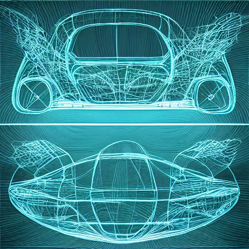 Prompt: molten turquoise covers a transparent car wireframe, digital art