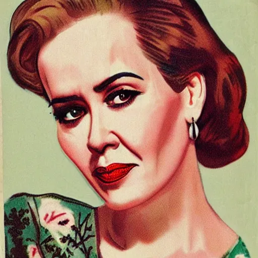 Image similar to “Sarah Paulson portrait, color vintage magazine illustration 1950”