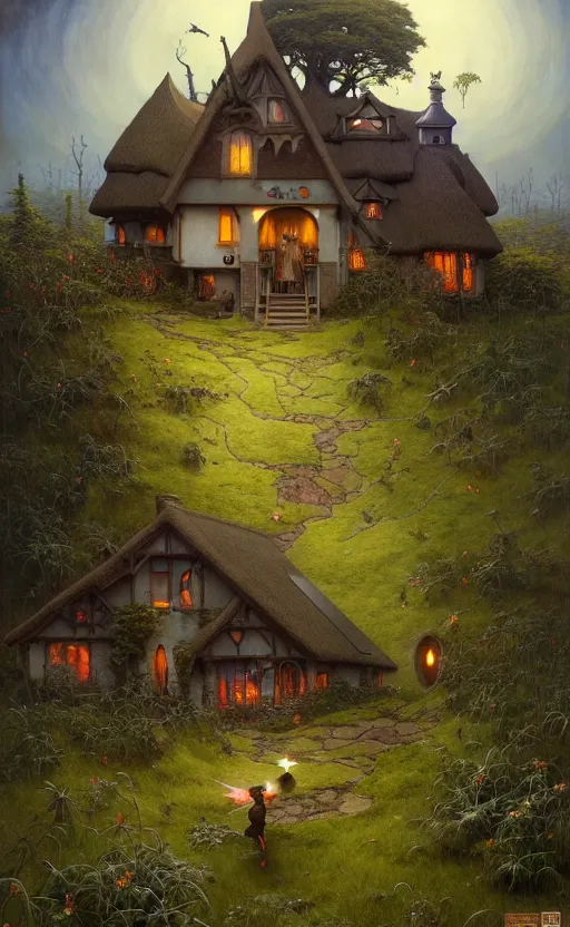 Image similar to a hyper realistic witchy cottage with solar panels on a tall hill, mountains, atmospheric lighting, lush foliage, painting by chiara bautista and tom bagshaw, mucha, beksinski and norman rockwell and greg rutkowski weta studio, and lucasfilm