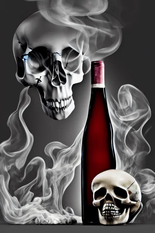 Image similar to wine bottle and a skull on the table, skull made out of smoke coming out of bottle, fantasy, intricate, elegant, highly detailed, digital painting, artstation, concept art, smooth, sharp focus, illustration, art by Ilja Repin