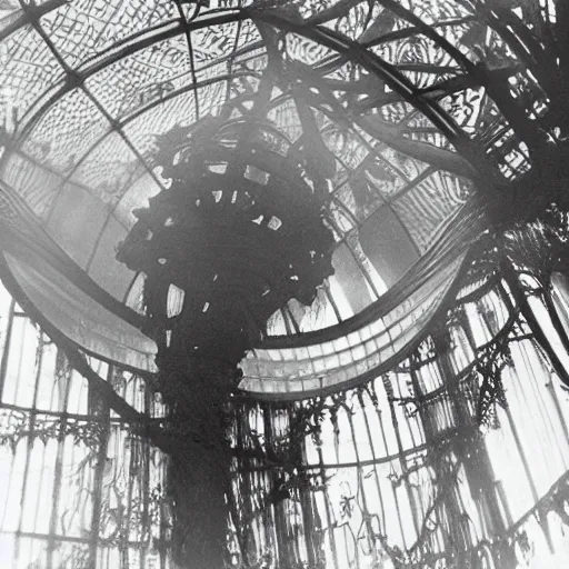 Prompt: old photo overgrown zaha hadid alphonse mucha spaceship symmetry godrays haze ruins in jungle dripping sunlight