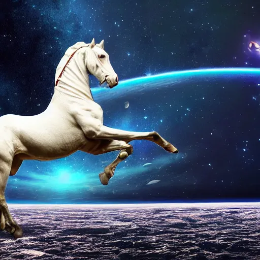 Prompt: a horse above a man in space suit, horse riding astronaut, space background, art