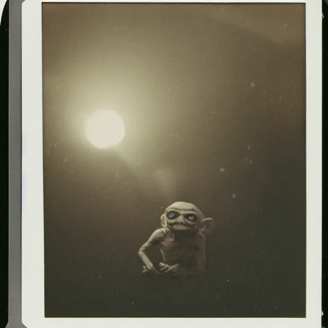 Prompt: a found polaroid photograph of gollum at night
