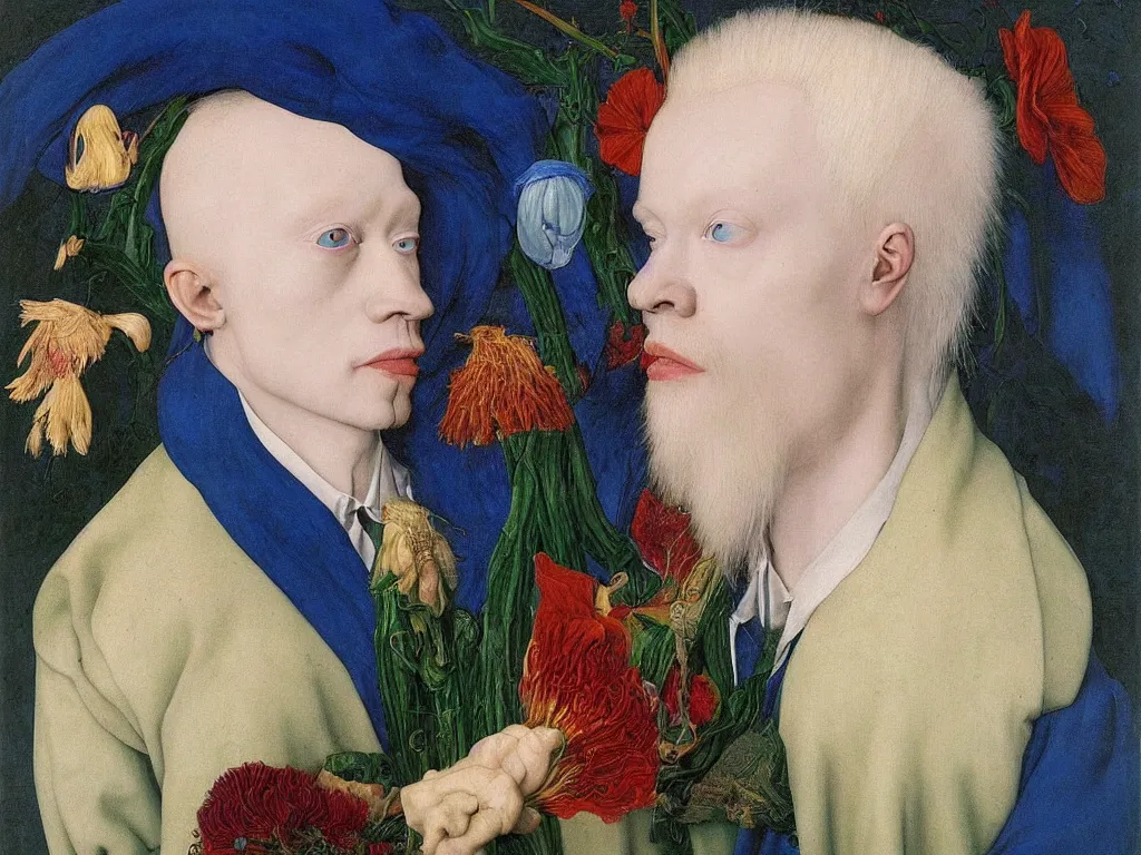 Prompt: Portrait of albino mystic painter with blue eyes, with beautiful exotic melancholy wilted flower. Painting by Jan van Eyck, Audubon, Rene Magritte, Agnes Pelton, Max Ernst, Walton Ford