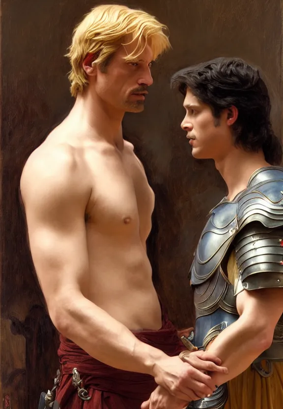 Image similar to attractive handsome fully clothed jaime lannister confesses his love for attractive fully armored brienne of tarth. centered composition. highly detailed painting by gaston bussiere and j. c. leyendecker and william adolphe bouguereau and fra angelico and octane render, musee d'orsay 8 k