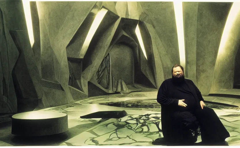 Image similar to chunky orson welles sitting on a dark throne, in an alien room by hans giger, film still from the movie by alejandro jodorowsky with cinematogrophy of christopher doyle and art direction by hans giger, anamorphic lens, kodakchrome, very detailed photo, 8 k