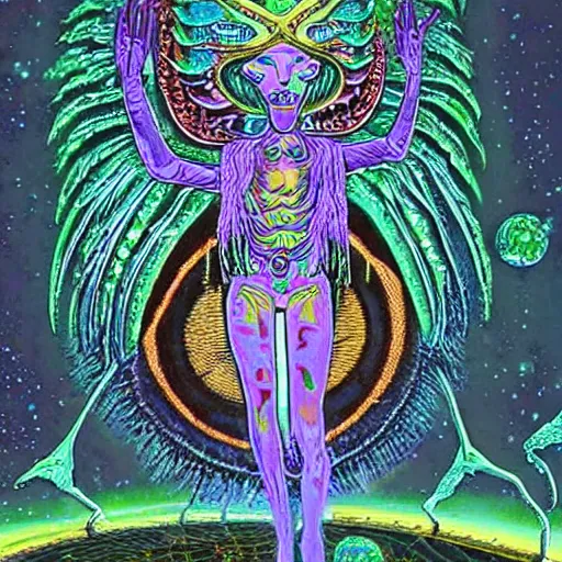 Prompt: psychedelic alien diety revealing the truth about consciousness to an ancient civilization, high quality, crystal waves