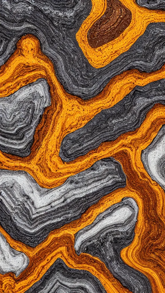 Image similar to vivid color, folded, tessellated planes of rock, alien sedimentary schematic, igneous rock, marbled veins, 3D!!! diorama architectural drawing macro photography, depth of field with layers of strata, ochre, sienna, black, gray, olive, mineral grains, dramatic lighting, rock texture, sand by James jean, geology, octane render in the style of Luis García Mozos