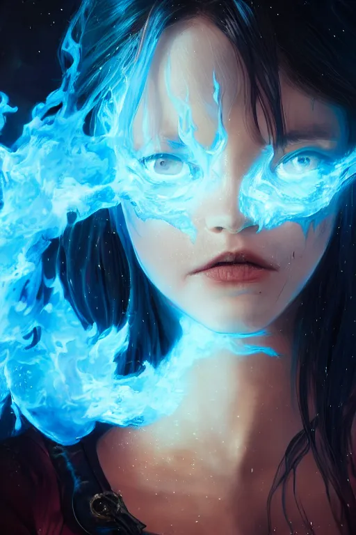 Prompt: a fancy portrait of a young Demon girl engulfed in blue flames by Greg Rutkowski, Sung Choi, Mitchell Mohrhauser, Maciej Kuciara, Johnson Ting, Maxim Verehin, Peter Konig, final fantasy , 8k photorealistic, cinematic lighting, HD, high details, atmospheric , trending on artstation