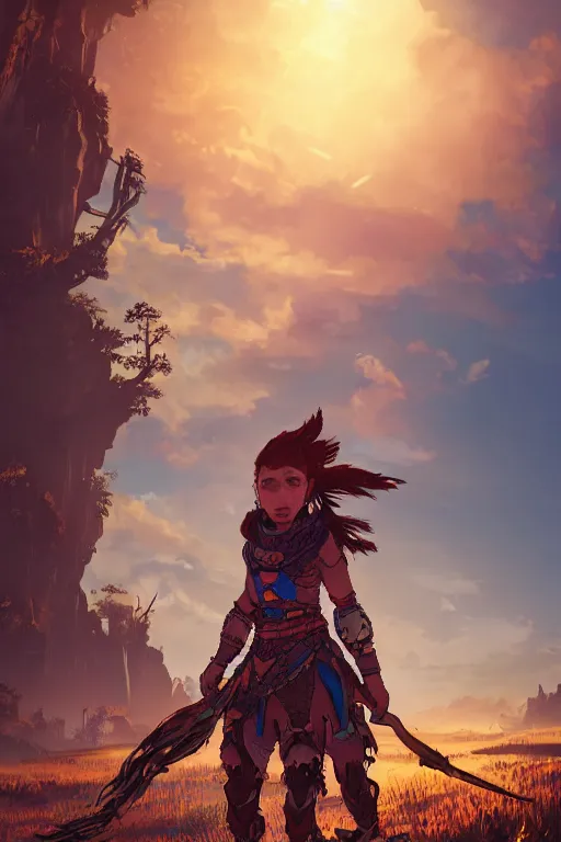 Image similar to combination suit armor aloy horizon forbidden west horizon zero dawn radiating a glowing aura global illumination ray tracing hdr fanart arstation by ian pesty and alena aenami artworks in 4 k tribal robot ninja mask helmet backpack