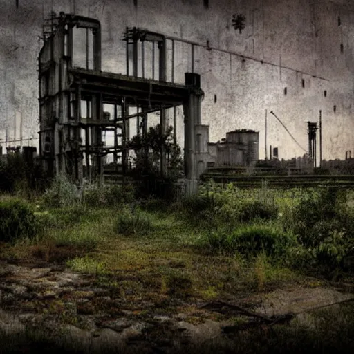 Image similar to hyper-industrial steam punk abandoned city photo overgrown taken at dusk, realistic painting, sad themed