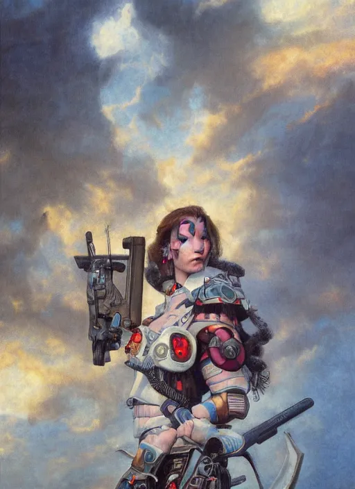 Image similar to symmetry! closeup portrait of a beautiful biblical diabolical samurai girl holding a gun, bio cyborg armor, in clouds, cinematic studio light, windy, sunrise, by gerald brom, by mikhail vrubel, by peter elson, muted colors, extreme detail, trending on artstation, 8 k