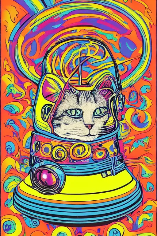 Image similar to cat in a VR helmet, 1969 psychedelic art poster, san francisco, hippie style, screen print poster