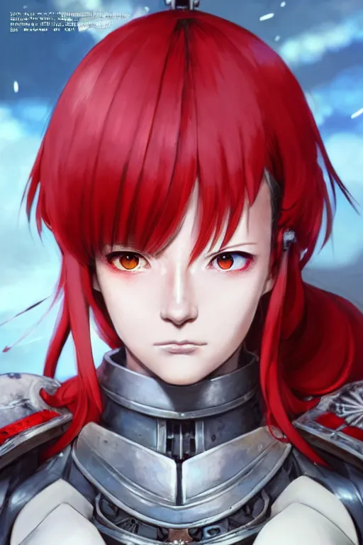 Image similar to portrait of Anime sister of battle, Warhammer 40000, cute-fine-face, red-short-hair pretty face, realistic shaded Perfect face, fine details. Anime. realistic shaded lighting by Ilya Kuvshinov katsuhiro otomo ghost-in-the-shell, magali villeneuve, artgerm, rutkowski, WLOP Jeremy Lipkin and Giuseppe Dangelico Pino and Michael Garmash and Rob Rey