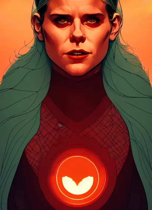 Image similar to Rafeal Albuquerque comic art, Joshua Middleton comic art, cinematics lighting, sunset colors, pretty Kate Mara Enchantress DC comics, angry, symmetrical face, symmetrical eyes, full body, flying in the air, night time, red mood