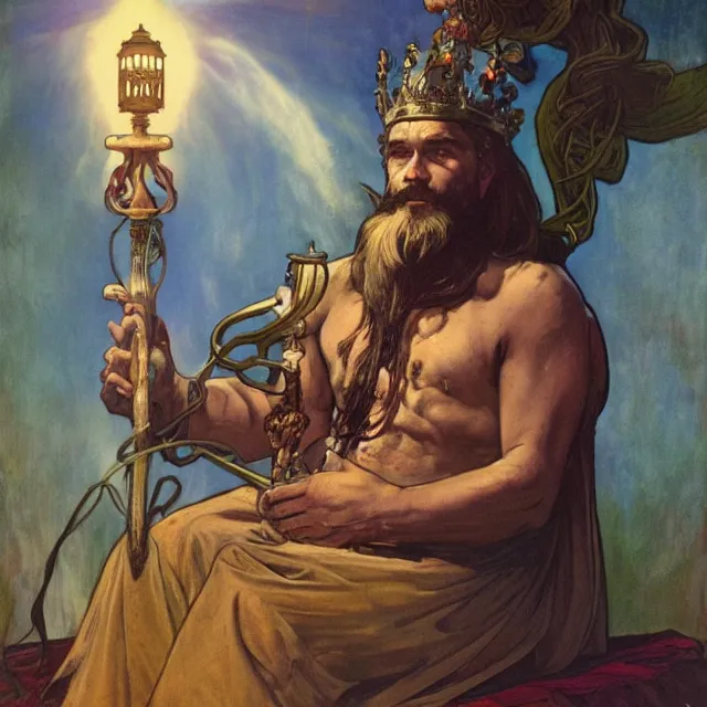 Image similar to an aesthetic! a detailed portrait of a man in a long beard, with a crown, holding a lantern by frank frazetta and alphonse mucha, oil on canvas, art nouveau dungeons and dragons fantasy art, hd, god rays, ray tracing, crisp contour lines, huhd