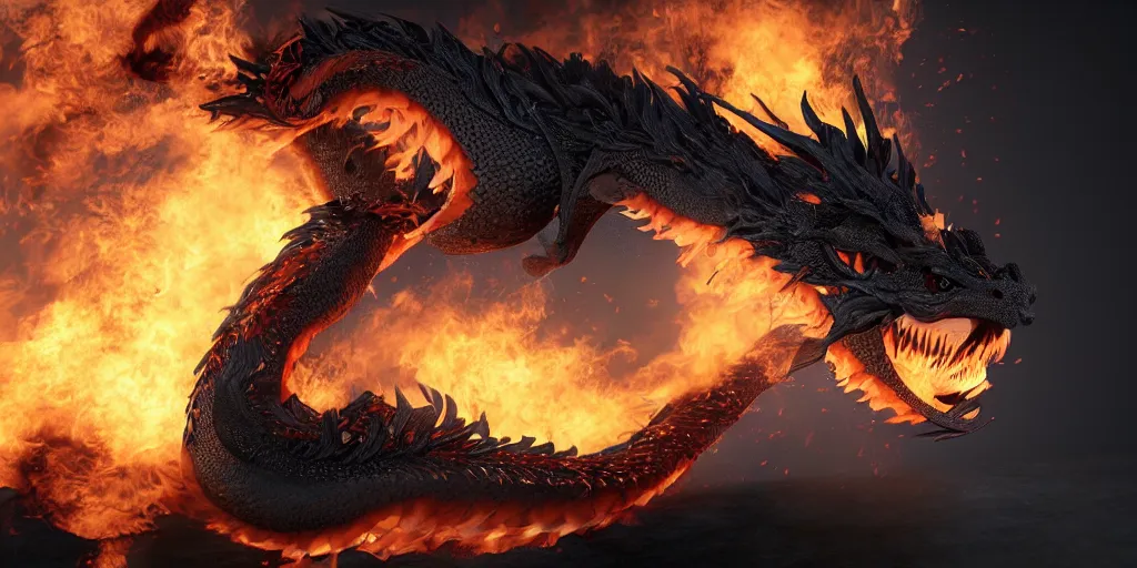 Image similar to a very very beautiful Chinese Fire Dragon on a black background, Octane Render, 4k, photoreal, ultra-detailed