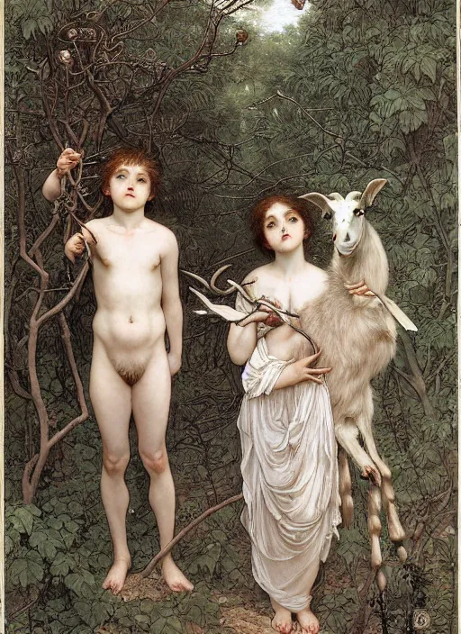 Image similar to boy and girl and a goat in a deep bloody thorns bones forest, by Vania Zouravliov, william-adolphe bouguereau and Takato Yamamoto, high resolution