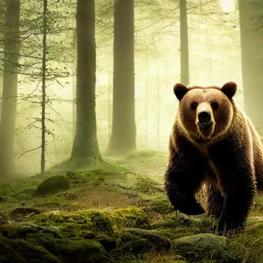 Prompt: a large grizzly bear monster running quickly through a woodland, magical forest, fantasy, Ireland, England, king Arthur, Lord of the rings, cinematic, realistic style, beautiful, majestic, dramatic lighting, early morning, dawn CGsociety, realistic, hyper maximalist, golden ratio, octane render, rule of thirds, wide shot , 8k resolution, epic volumetric light, cinematography, concept art, Artstation trending, environments, fantasy