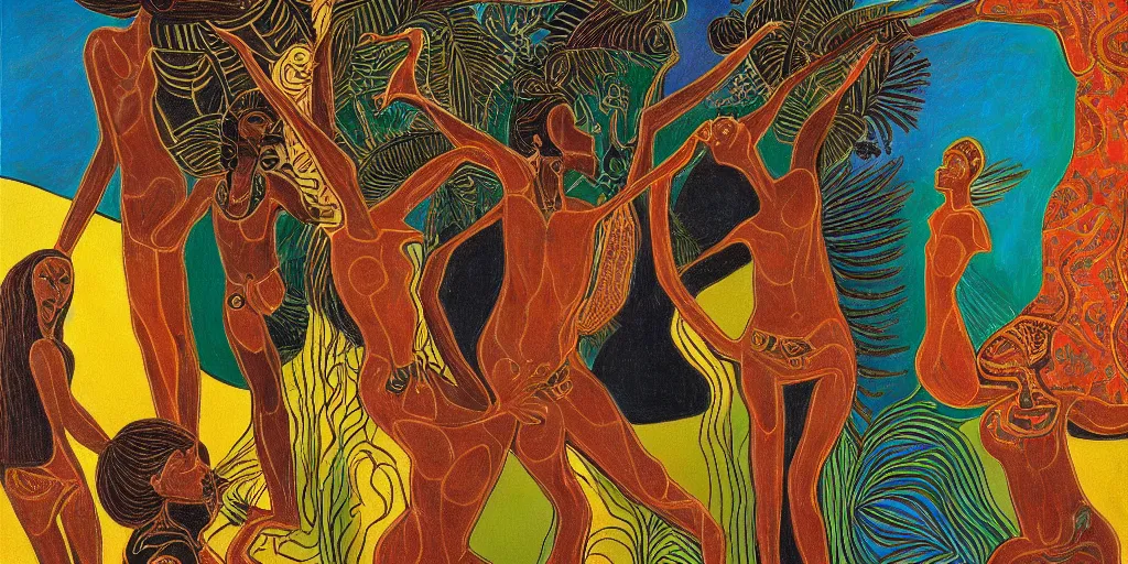 Prompt: an abstract tropical landscape, portrait of a dark - skinned greek god dancing. 2 4 mm, photorealistic, muted color scheme, directed by mati klarwein and picasso