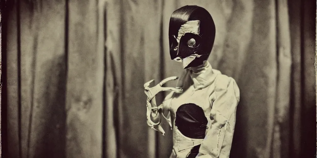 Image similar to 1 9 7 0 s female alive, eerie, creepy masked marionette puppet, lana del rey, unnerving, clockwork horror, pediophobia, lost photograph, dark, forgotten, final photo found before disaster, realistic, vintage noir, polaroid,