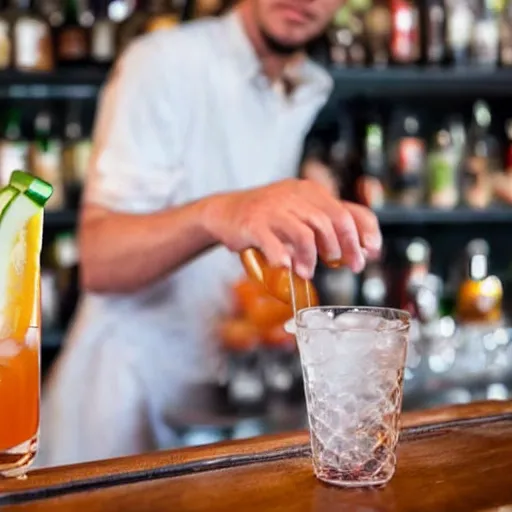 Prompt: A bartender serves a cocktail made from sausages