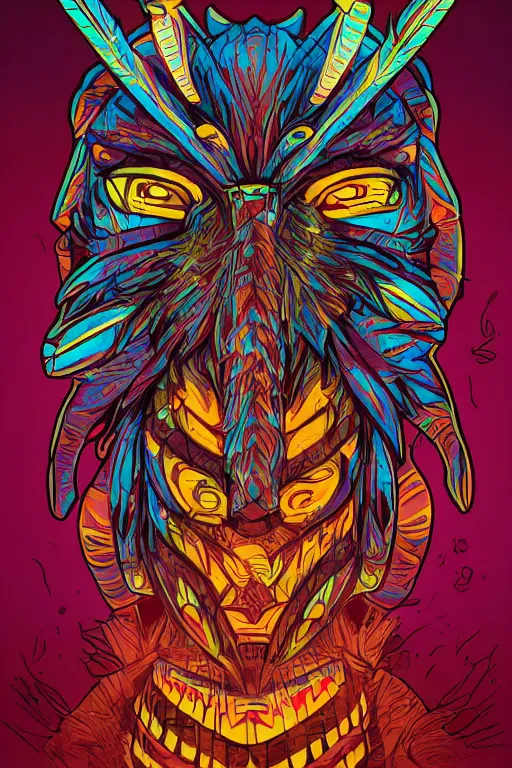 Image similar to totem animal tribal chaman vodoo mask feather gemstone plant wood rock video game illustration vivid color borderlands by josan gonzales and dan mumford radiating a glowing aura