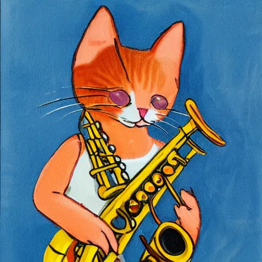 Prompt: children's art cat playing sax