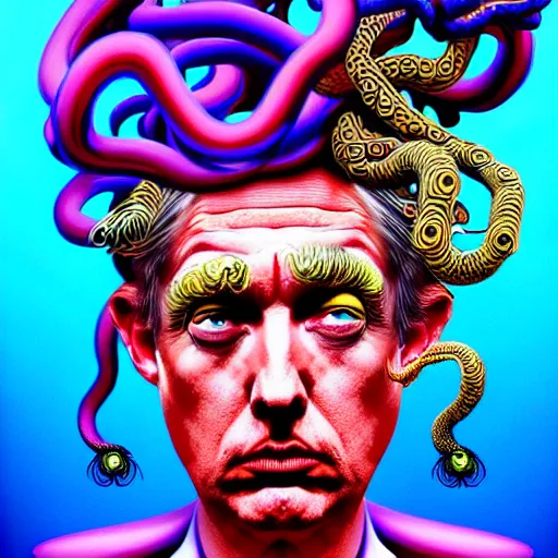 Image similar to an extremely psychedelic portrait of medusa as donald trump, surreal, lsd, face, detailed, intricate, elegant, lithe, highly detailed, digital painting, artstation, concept art, smooth, sharp focus, illustration