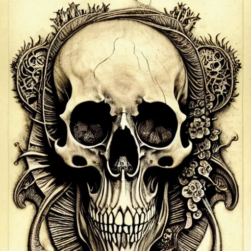 Image similar to memento mori by arthur rackham, art forms of nature by ernst haeckel, exquisitely detailed, art nouveau, gothic, ornately carved beautiful skull dominant, intricately carved antique bone, art nouveau botanicals, ornamental bone carvings, art forms of nature by ernst haeckel, horizontal symmetry, arthur rackham, ernst haeckel