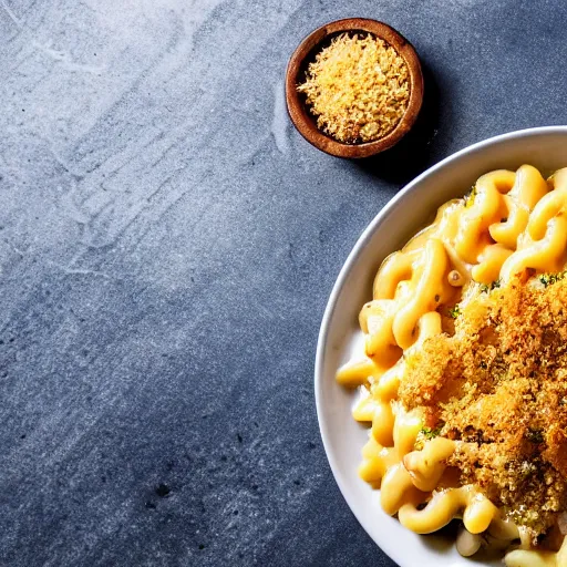 Prompt: A delicious bowl of mac and cheese on a plate, garnish, bread crumbs, food photography, michelin star