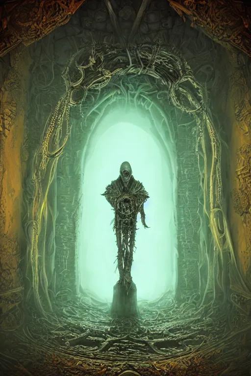 Prompt: extremely 3 d render detailed intricate ornate metallic bone carved concept art of hooded necromancer in front of a lovecraft portal by marc simonetti, rising from the void, dark neon retro wave, purple fog, volumetric mist, golden and mysterious, realistic atmospheric, ominous, cinematic, epic, ultra detailed, ultra realistic, unreal engine, octane render, vivid colors
