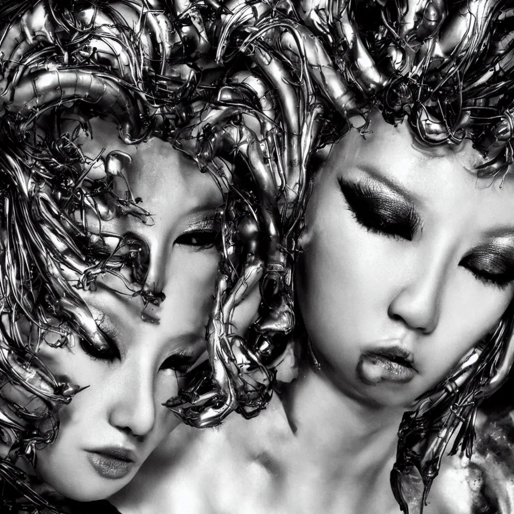 Prompt: close - up headshot of an alien beauty, extraterrestrial mistress, in the style of a wong kar wai movie