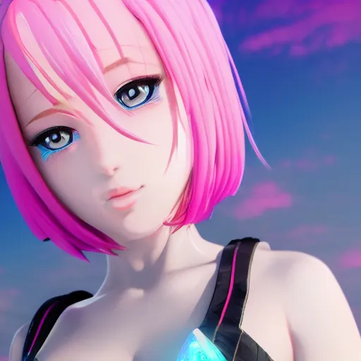 Image similar to symmetrical image taken from an extremely low angle at her feet of a stunningly beautiful omnipotent anime goddess with pink hair and mesmerizing cyan eyes, unreal engine 5, 8 k